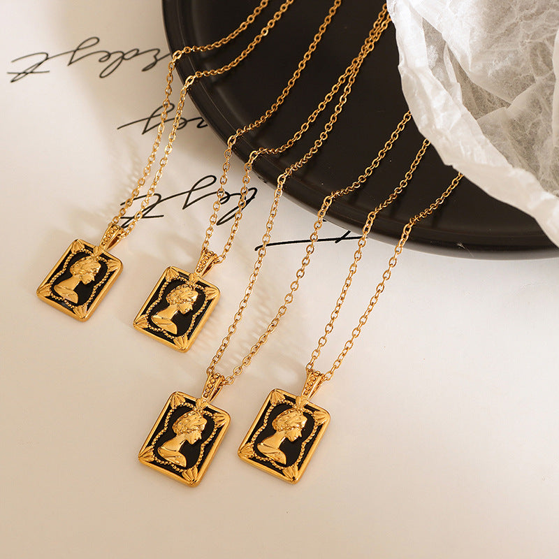 Courtly Charm Geometric Portrait Necklace - Vintage Gold-Plated Jewelry
