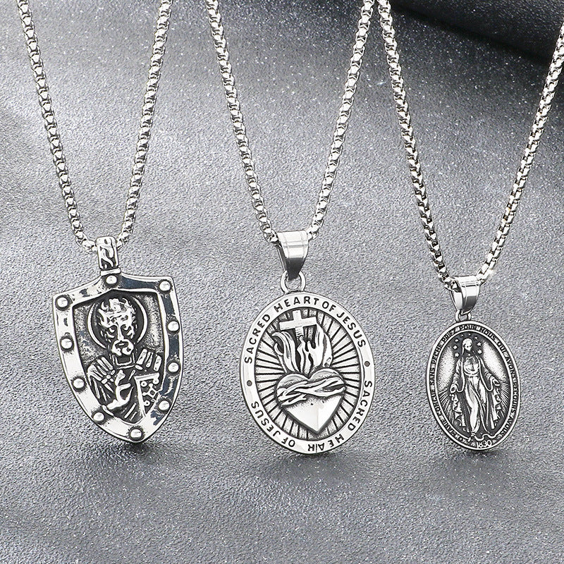 Double Sided Totem Guardian Charm Shield Pendant, Vintage Portrait Cross Sacred Heart Necklace