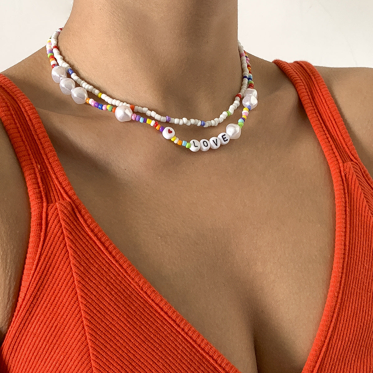 Planderful Pearl Letter Necklace With Mixed Color Imitation Pearls Women Statement Beaded Peach Heart Design