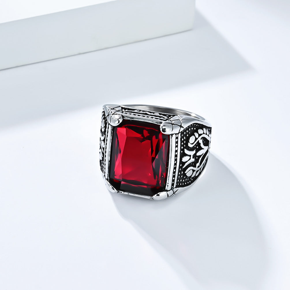 Planderful Men's Titanium Steel Ring With Glass Gem Inlay, European Retro Tulip Design, Bold Fashion Jewelry