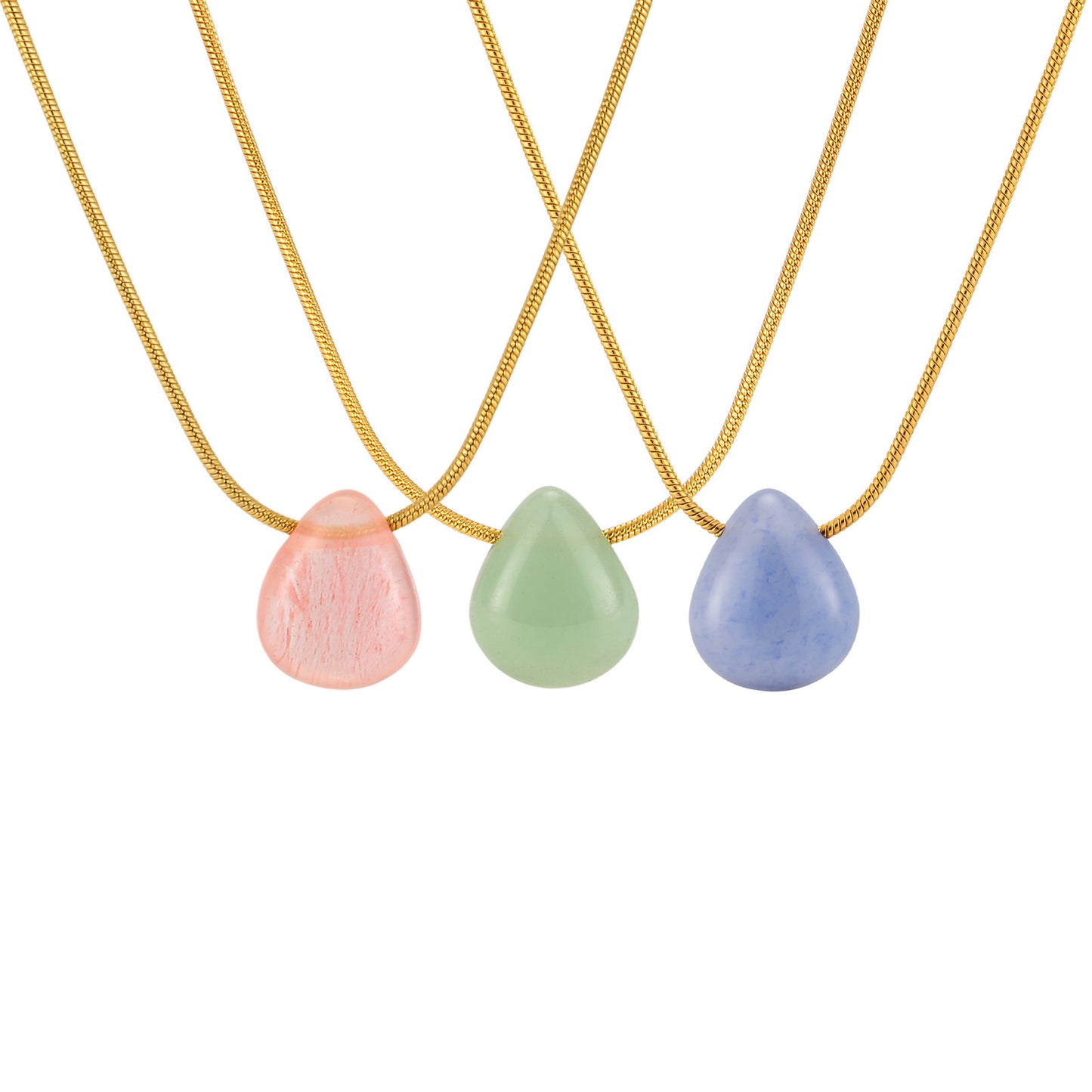 Stainless Steel Green Dongling Water Drop Round Snake Chain Necklace Collarbone Chain
