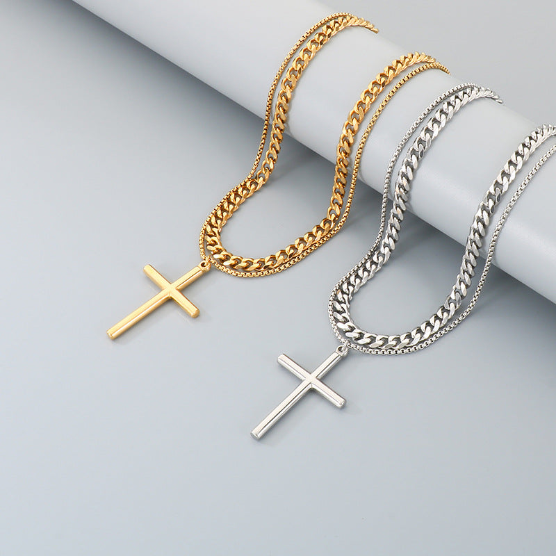 Glossy Cross Pendant Necklace, Six-Sided Grinding Square Pearl Chain Double-Layer Stacked Men's Necklace.