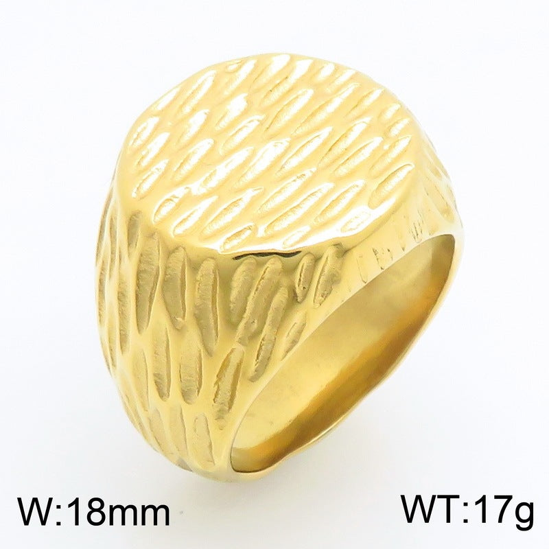 Retro Boys Hammer Pattern Round Ring Face Trendy Men Ring Meteorite Pattern Stainless