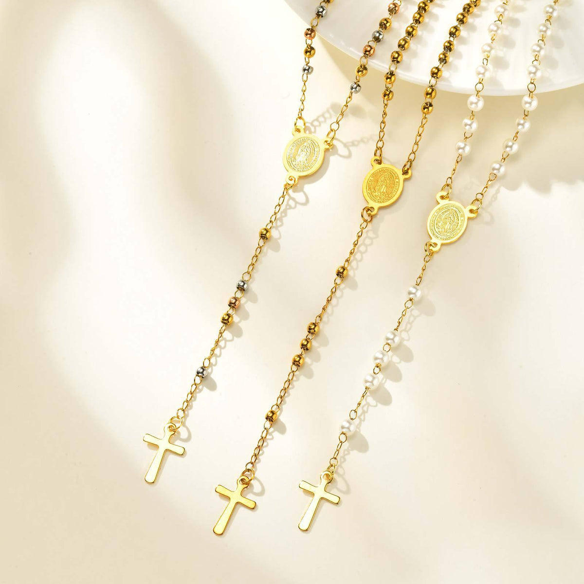 Gold Rosary-Style Y Necklace with Cross