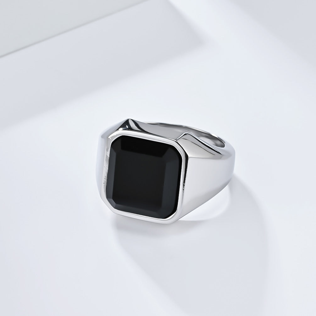 INS Simple Light Luxury Black Agate Titanium Steel Ring for Men