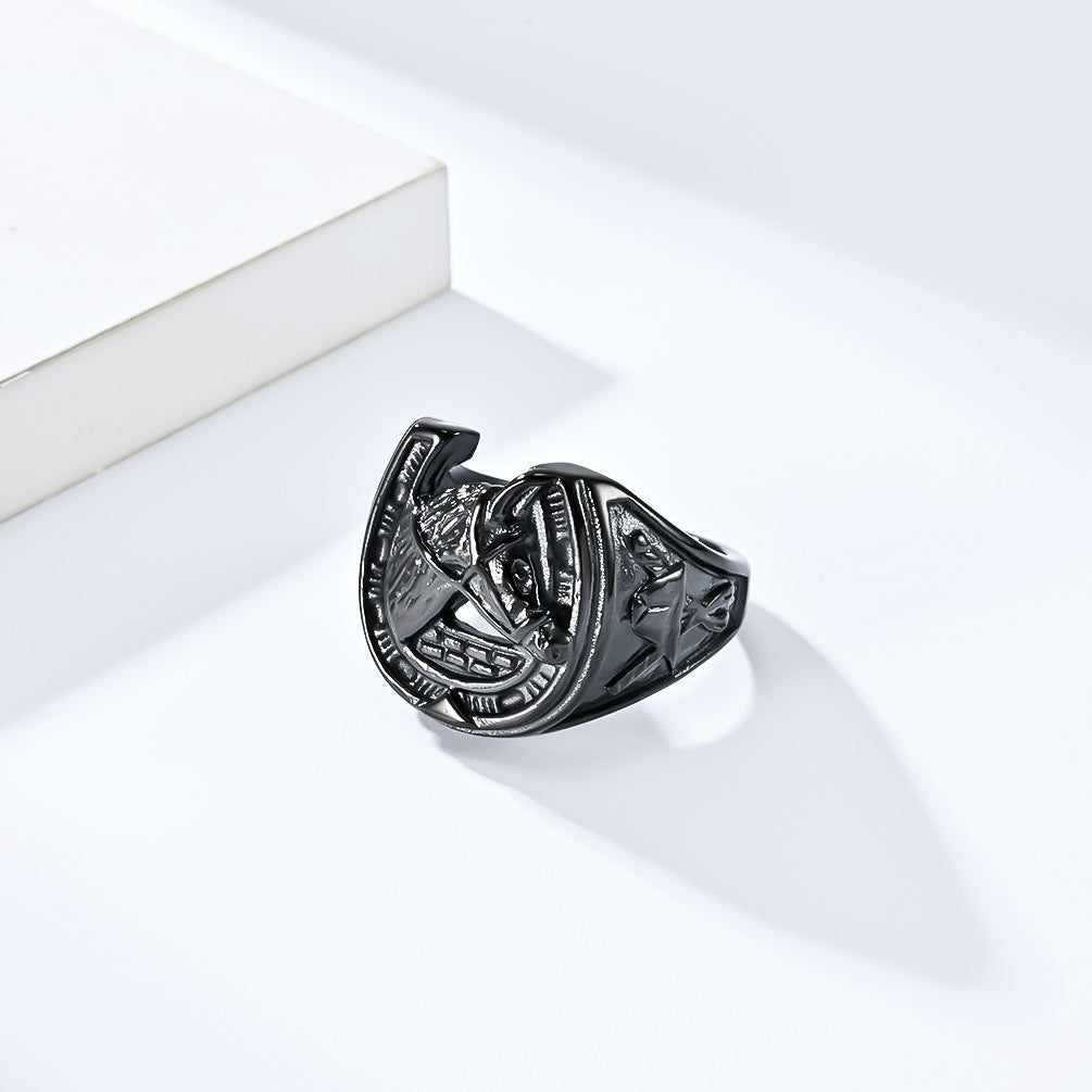 Retro Horse Head Horseshoe Titanium Steel Ring for Men