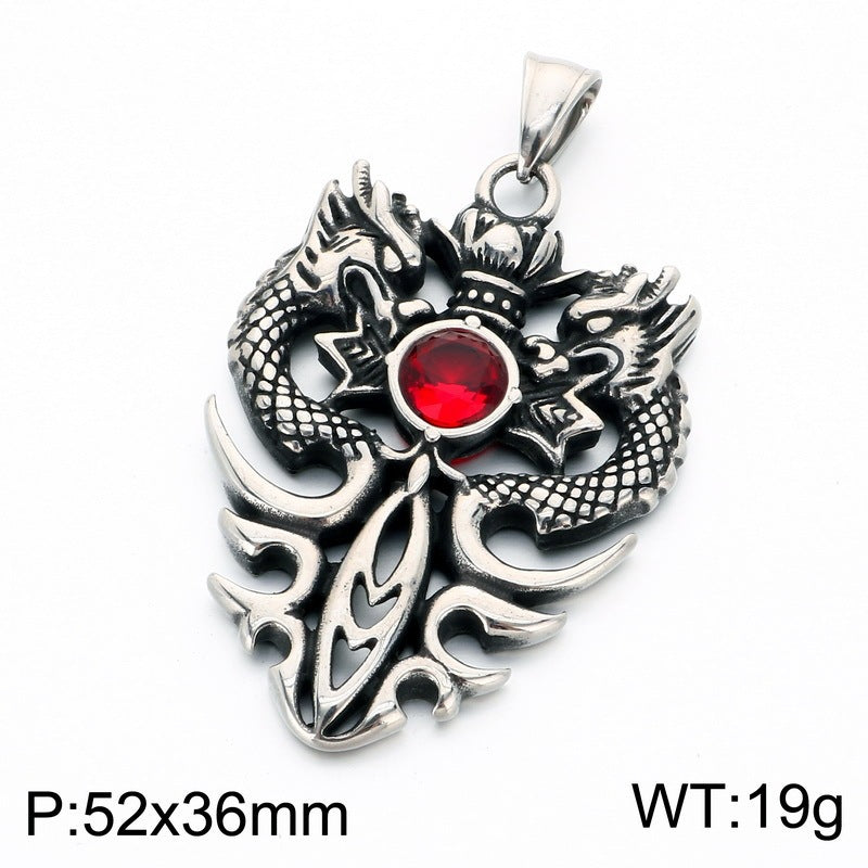 Chinese Style Retro Zodiac Dragon Necklace Stainless Steel Double Dragon Play Bead Pendant