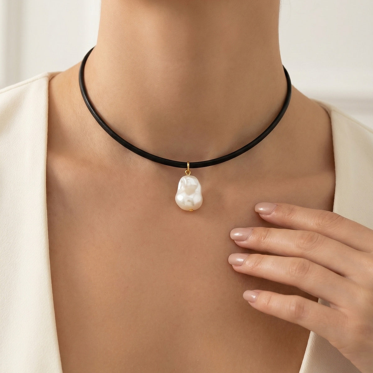 Summer Leather Rope Stainless Steel Imitation Pearl Pendant Leather Women's Premium Necklace