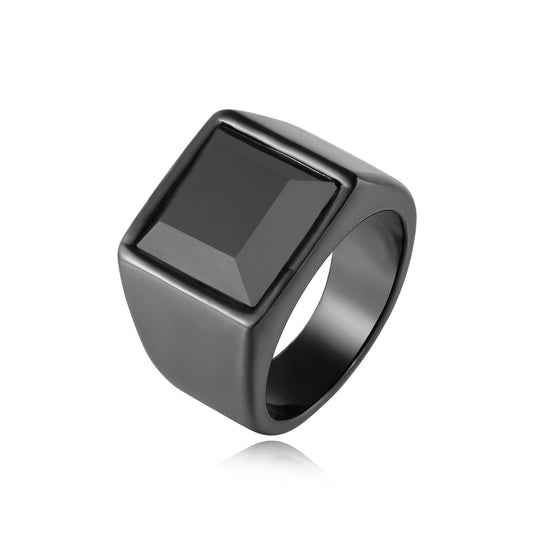 Planderful Titanium Steel Ring For Men Unisex Square Black Glass Modern Statement Jewelry