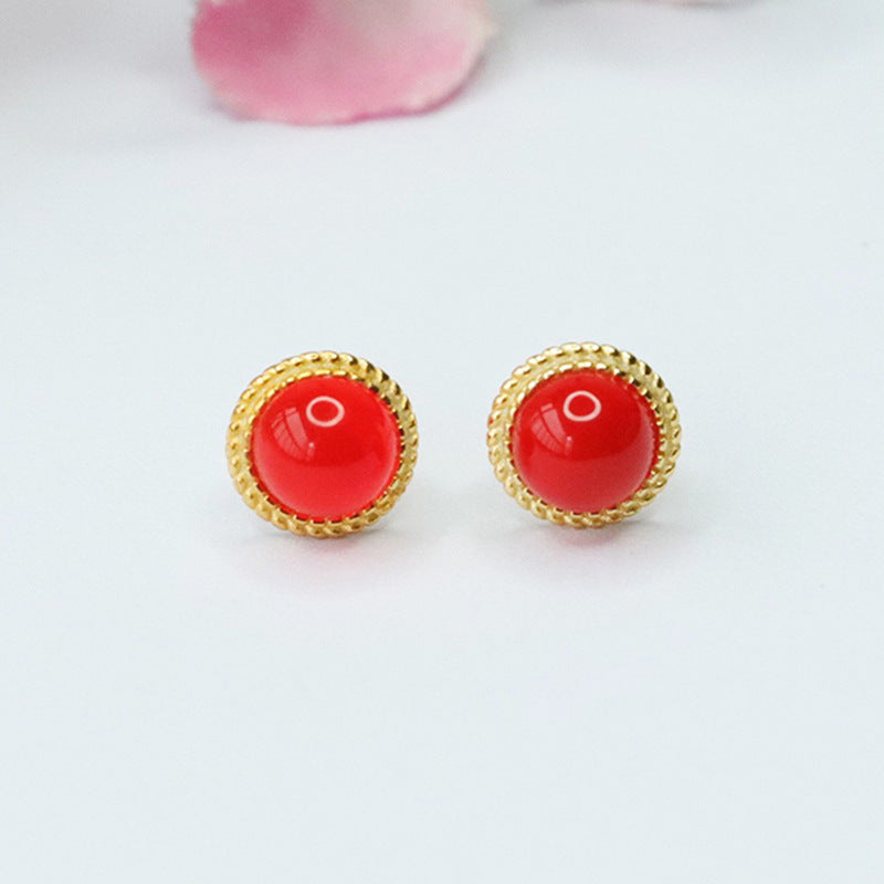 Elegant S925 Silver Stud Earrings with Natural Green and Red Agate