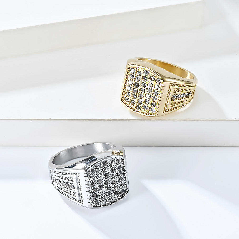 Planderful Gold Plated Zircon Titanium Steel Ring For Men Hip Hop Trend Jewelry Edition