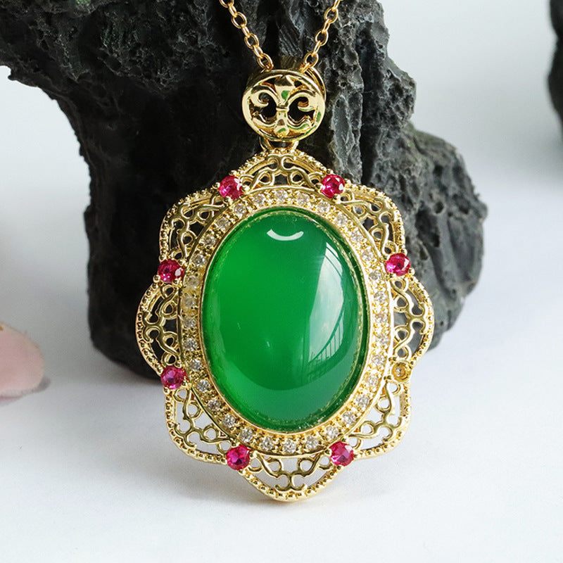 Green Chalcedony Zircon Flower Pendant with Oval Emperor Design