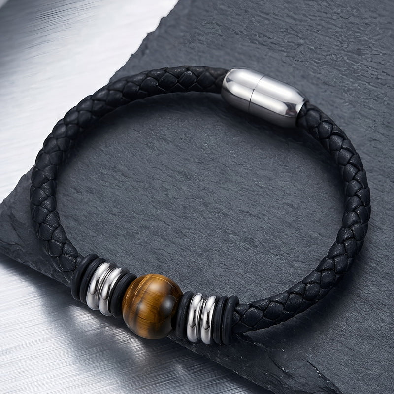 Woven Leather Rope Bracelet Tiger's Eye Stone Lapis Lazuli Magnetic Buckle Stainless
