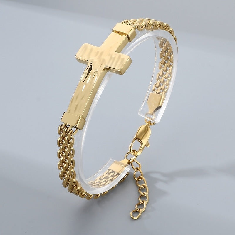 Hammer Texture Cross Stainless Steel Men's Bracelet Hand Adjustable