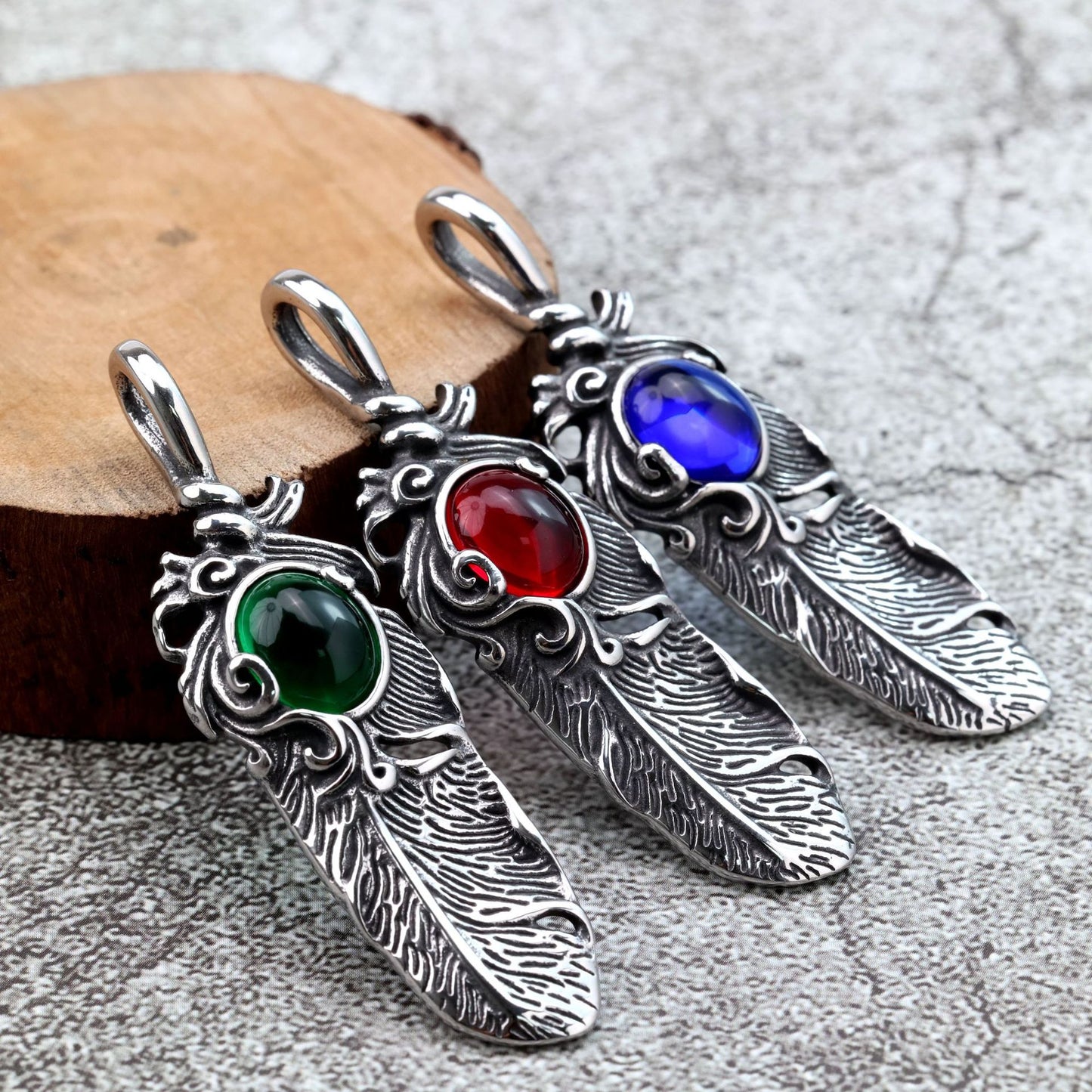 Planderful Pendant For Him European Retro Style Stainless Steel Feather Inlaid Stone Necklace