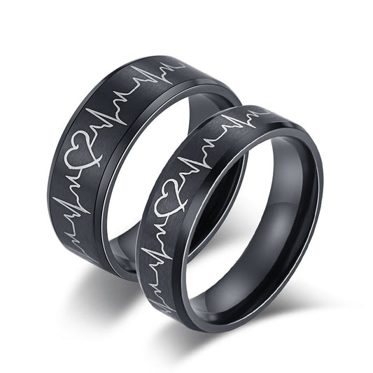 Electrocardiogram Couple Ring – Black Matte Wedding Engagement Couple