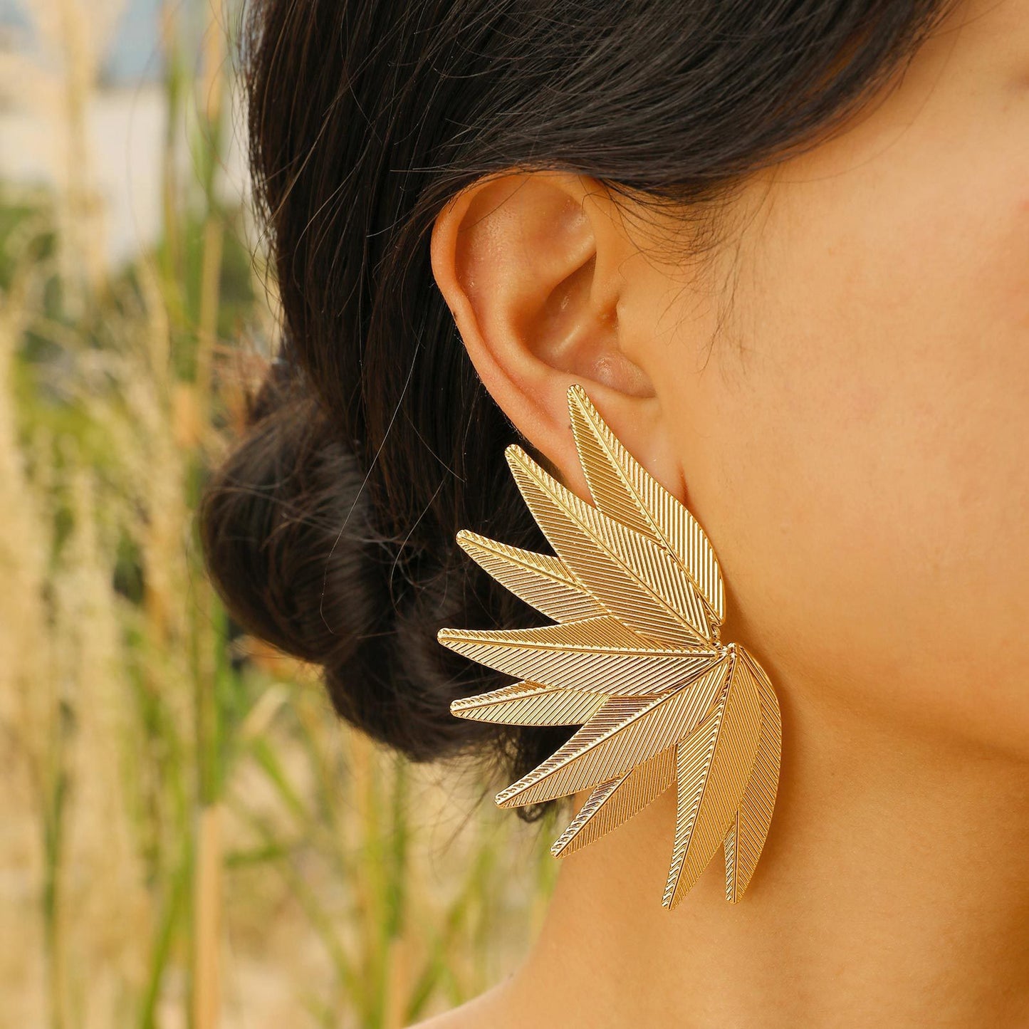 Geometric Leaf 18K Gold Earrings Women's Copper Jewelry