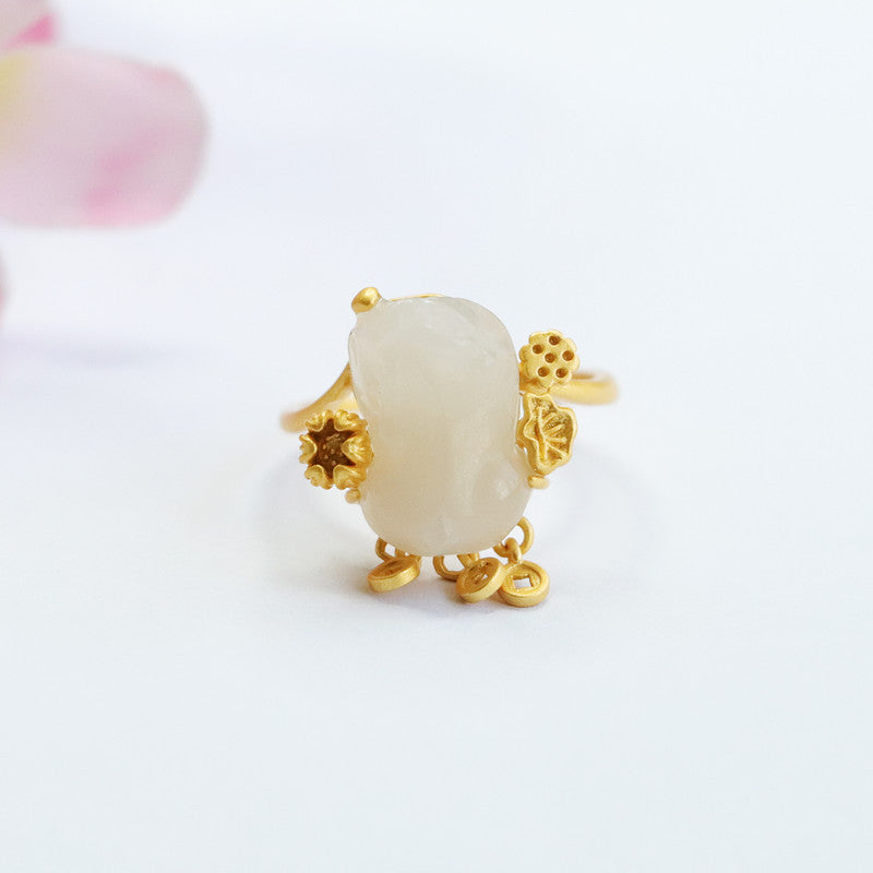 925 Sterling Silver White Hetian Jade Pixiu Ring