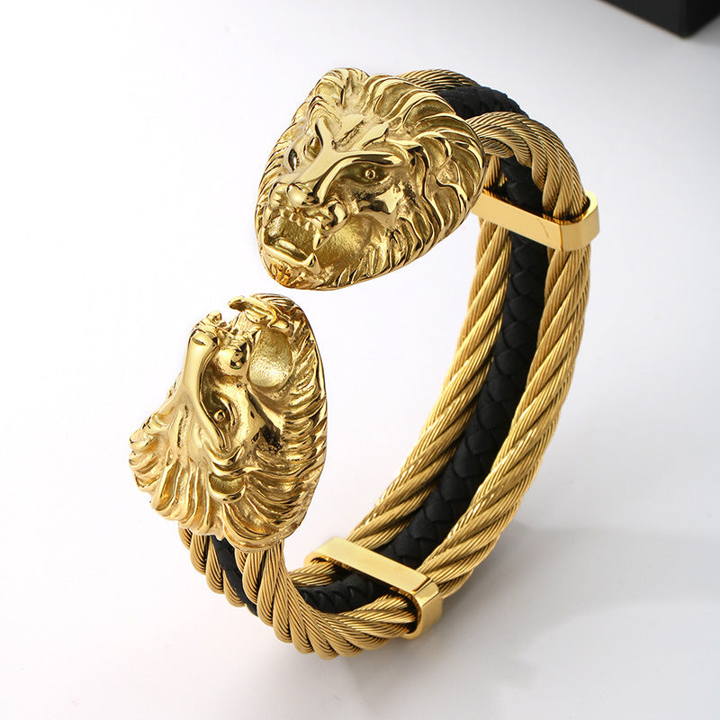 Planderful Titanium Lion Head Leather Bracelet For Men