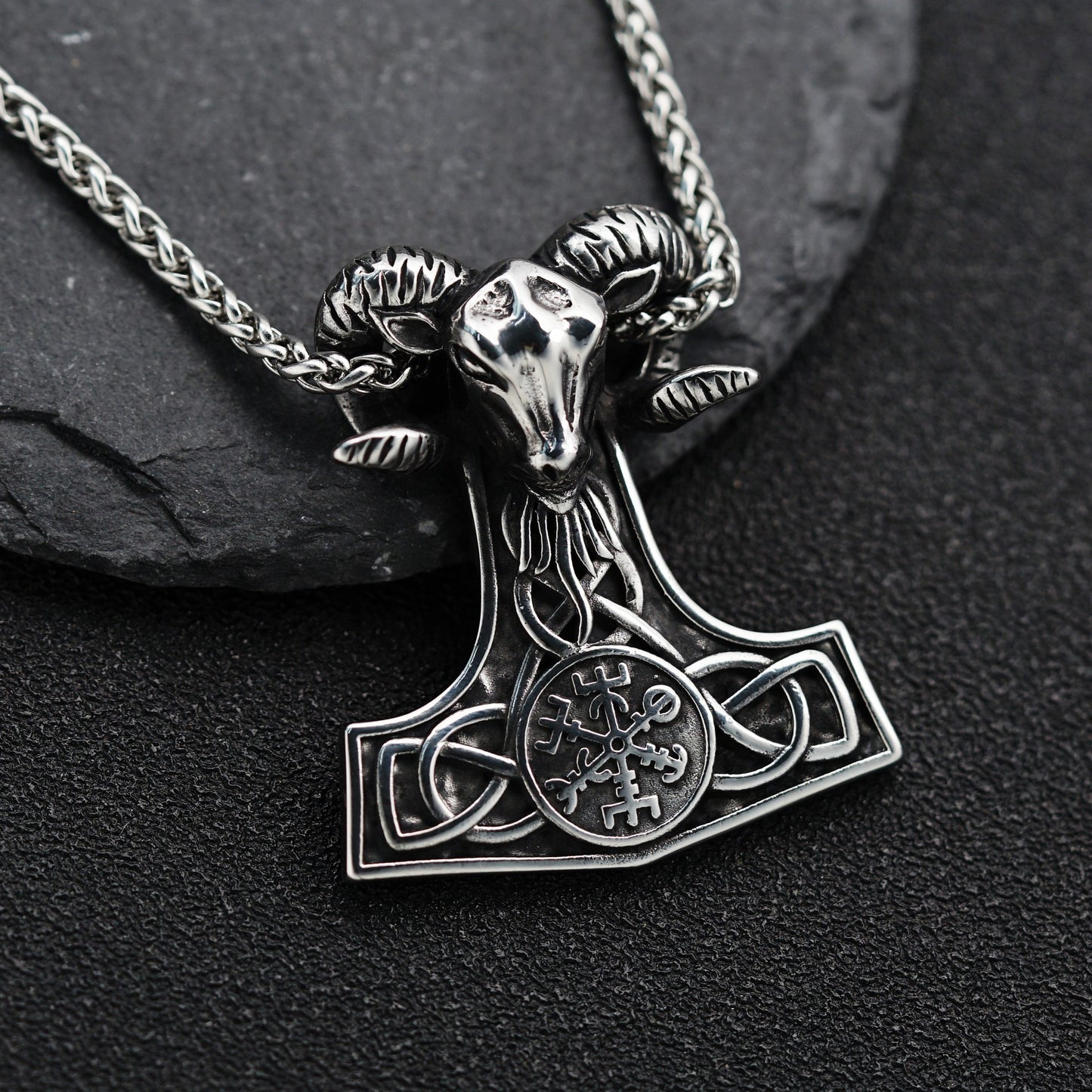 Steel Necklace - Vintage Viking Thor Hammer Pendant with Rune Compass Charm By Planderful