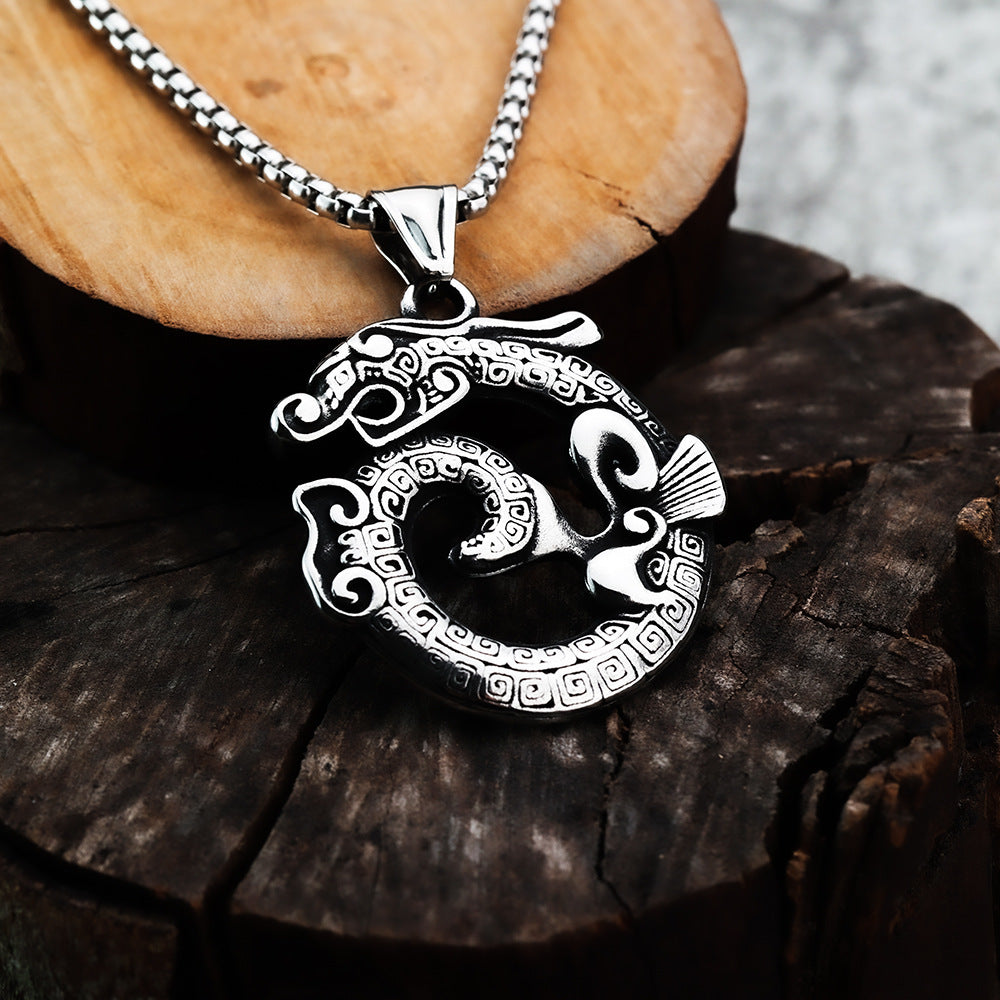 Planderful Dragon Pendant Necklace For Men Titanium Steel Ethnic Retro Style Bold Statement Jewelry