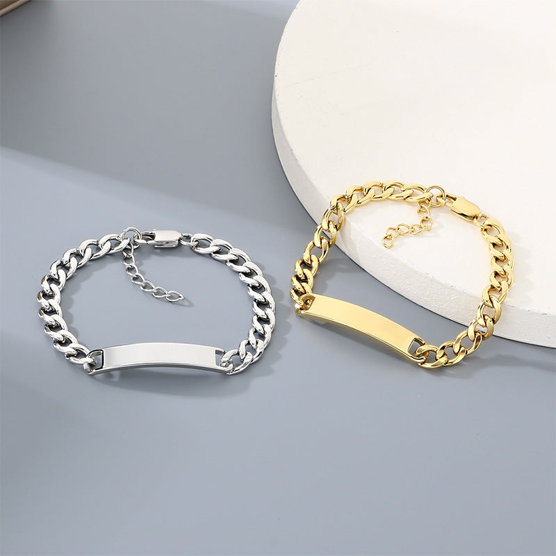 Engravable Curved Bar Bracelet – Layered Cuban Chain Titanium Steel Men's Bracelet