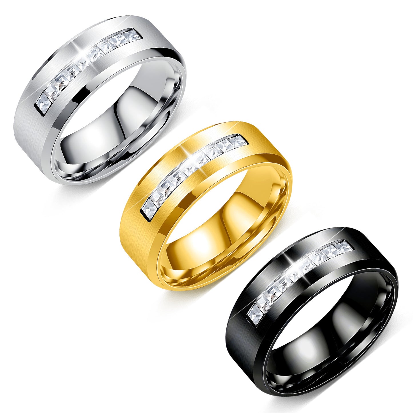 Planderful Everyday Genie 8mm Zircon Inlaid Stainless Steel Ring For Couples Unisex Gift