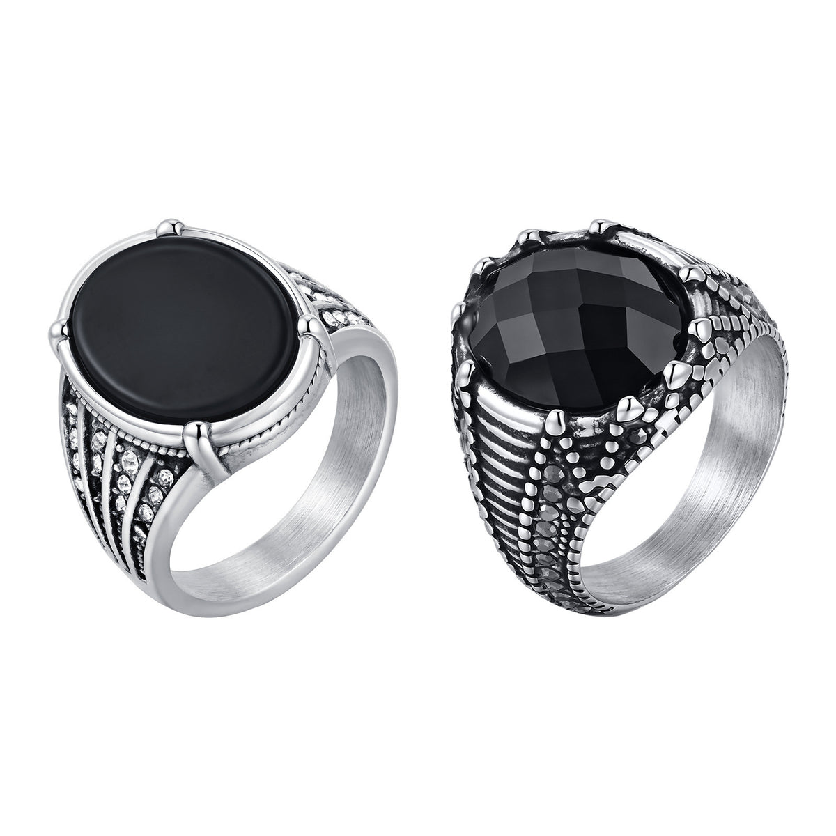 Stainless Steel Geometric Ring Inlaid With Round Cut Black Glass Black Agate – Men's Cool