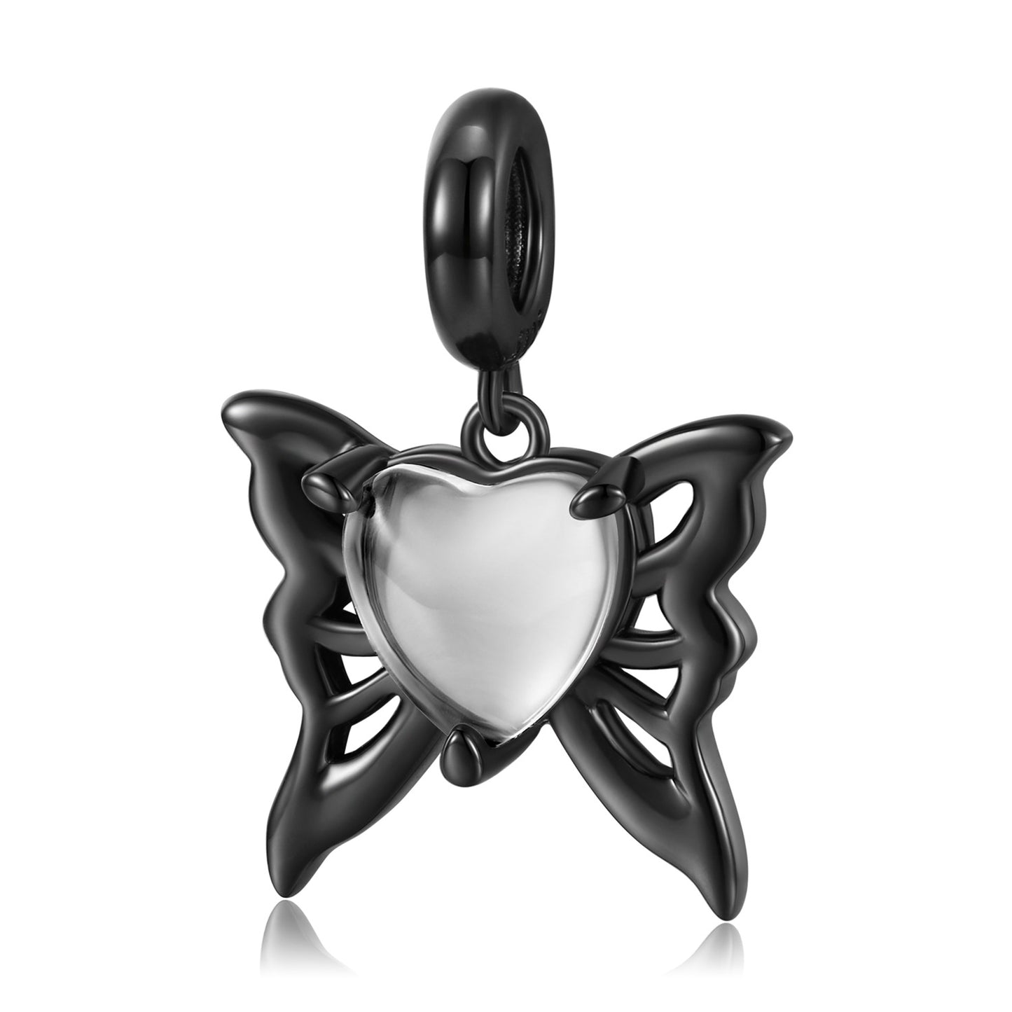 Black Butterfly Heart Shape Glass Silver Pendant