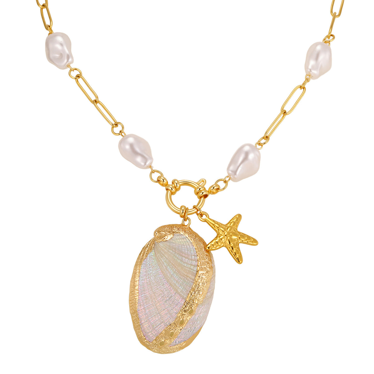 Ocean Wind Stainless Steel Gold-Plated Edge Natural Conch Shell Imitation Pearl Starfish Necklace