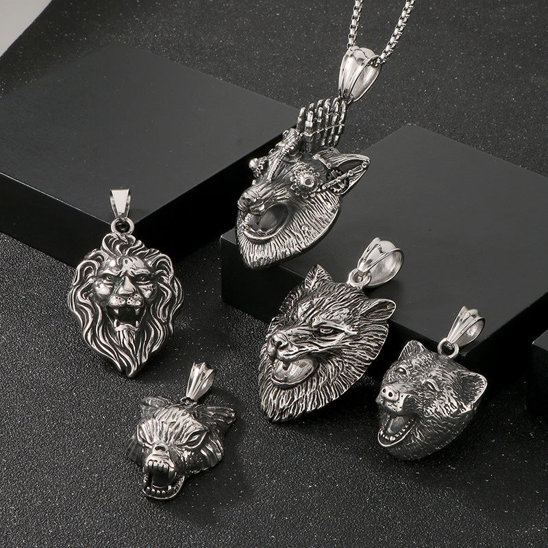Animal Shape Old, Punk Lion Head Wolf Head Fox Titanium Steel Men's Pendant Necklace