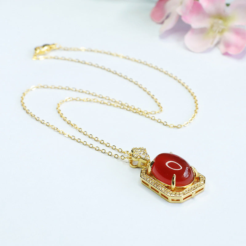 Pigeon Egg Red Agate Rectangle Pendant Zircon Necklace