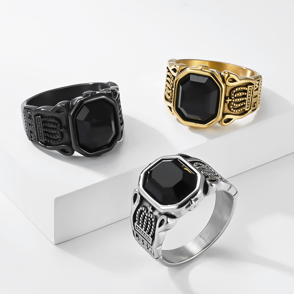 Planderful Titanium Steel Ring With Fade Resistant Hexagonal Black Stone Crown For Unisex Style Genie Collection