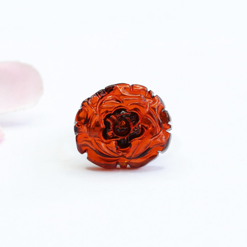 Blood Amber Peony Flower Sterling Silver Ring