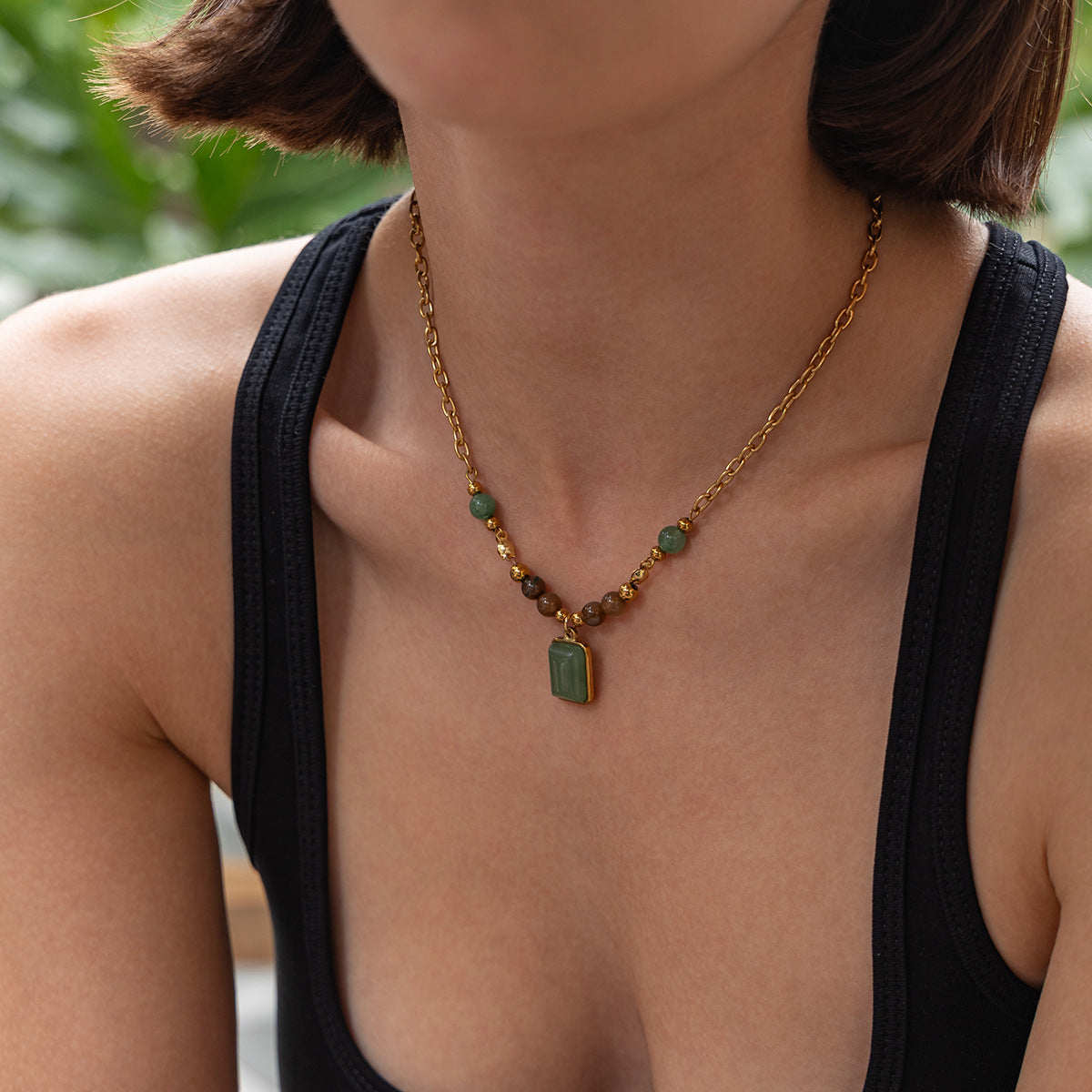 Vacation Gravel Pendant Beaded Collarbone Chain Retro Colored Gemstone Stainless Steel Neck Necklace