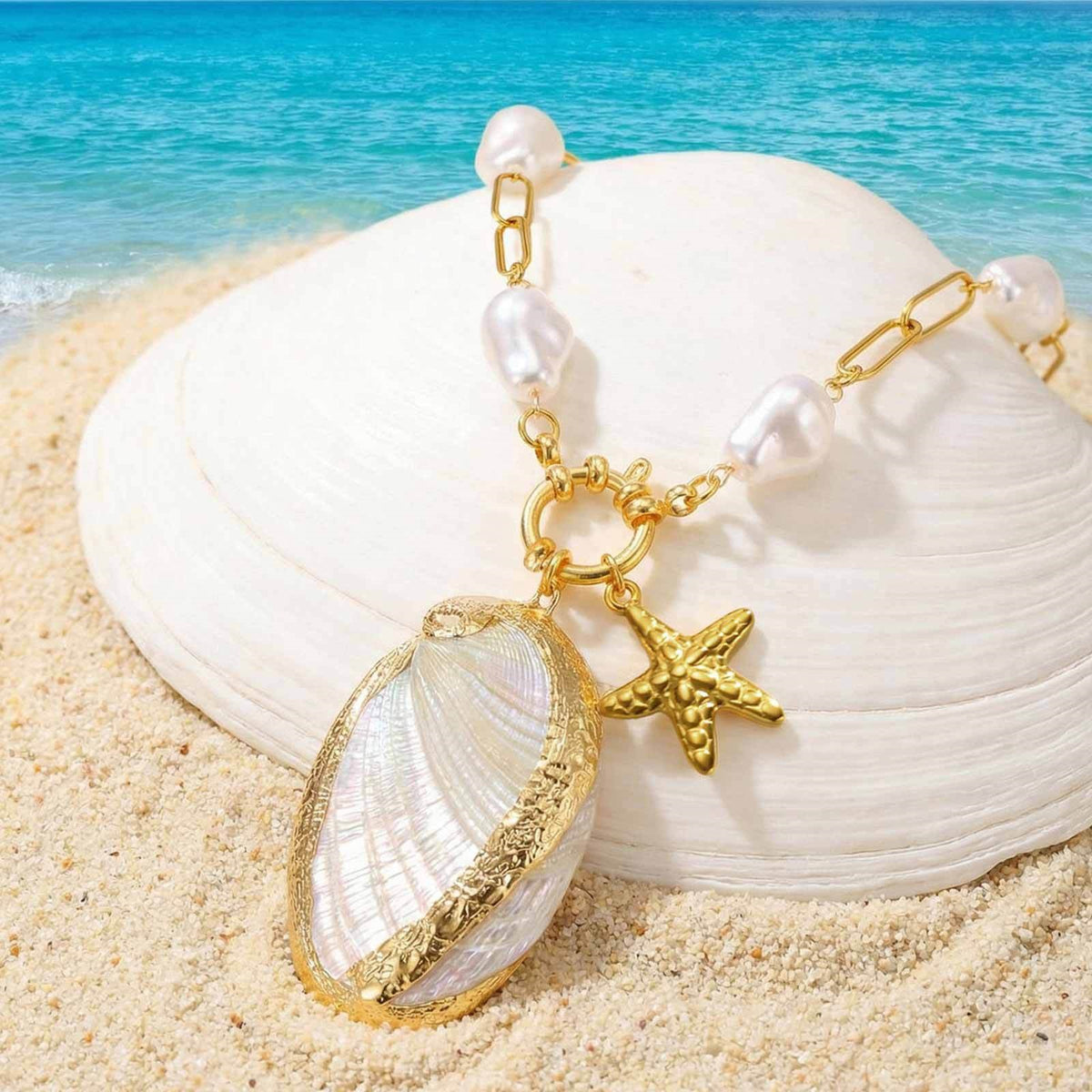 Ocean Wind Stainless Steel Gold-Plated Edge Natural Conch Shell Imitation Pearl Starfish Necklace