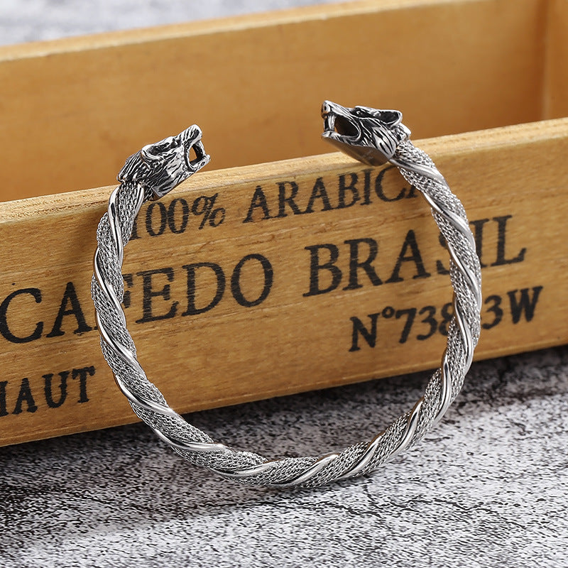 Double Wolf Head Punk Titanium Steel Men's Bracelet