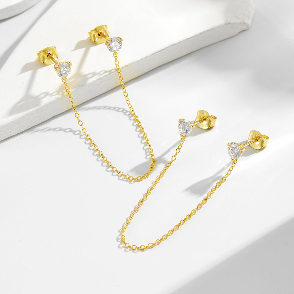 S925 Sterling Silver Wind Chain Fringed Zircon Stud Earrings, In Europe And America,