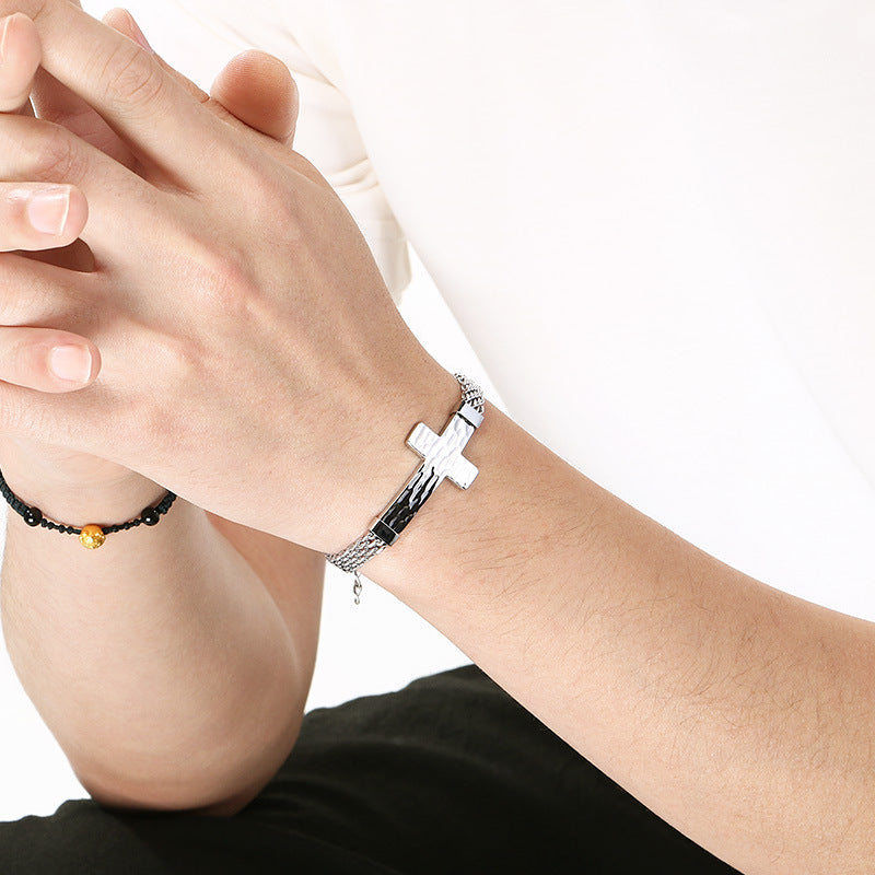 Hammer Texture Cross Stainless Steel Men's Bracelet Hand Adjustable