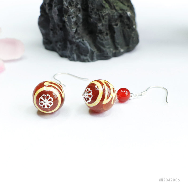 Wealth Motif Dzi Bead 925 Silver Hook Earrings