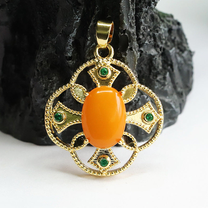 Organic Oval Sterling Silver Beeswax Amber Green Zircon Floral Pendant Necklace