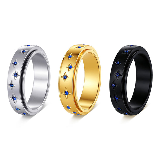 Planderful Rotatable Zircon Star Ring Stainless Steel for Women and Men Unisex Couple Decompression Jewelry