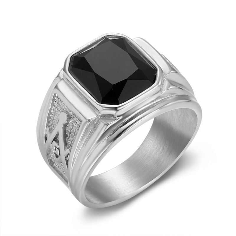 Planderful Everyday Genie Masonic Ring For Men Stainless Steel Gold Plated Black Glass Classic Retro