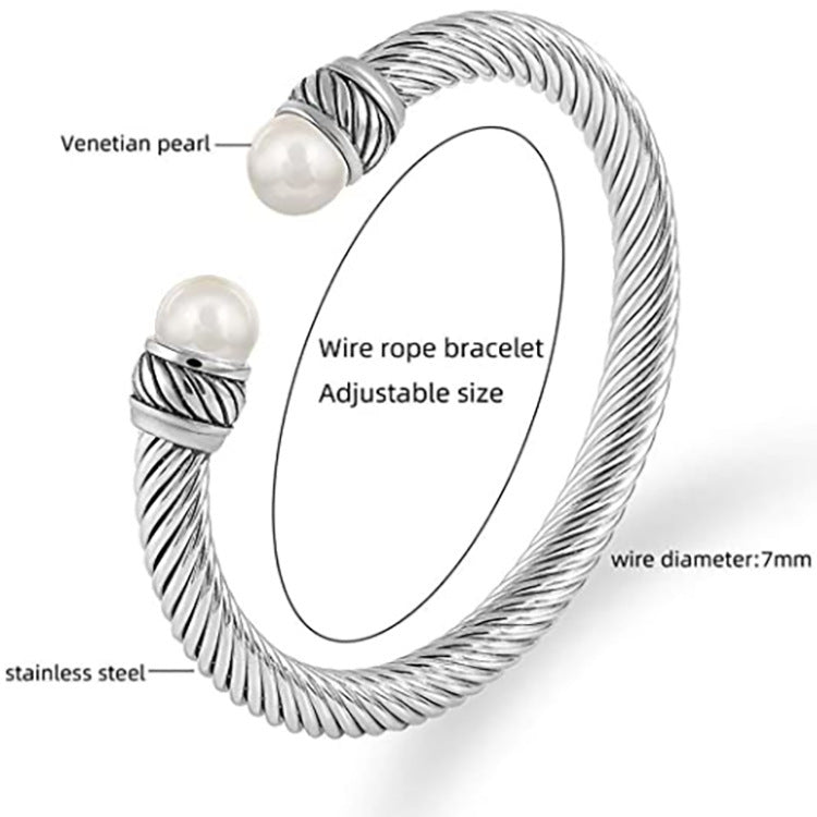 Planderful Everyday Genie Titanium Steel Cable Bracelet With Pearl Accent For Women
