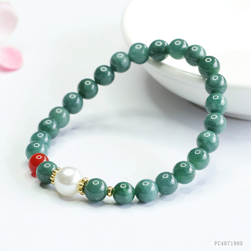 Blue Water Jadeite Round Bead & Agate Beaded Bracelet