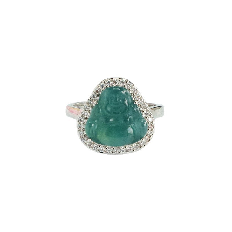 Blue-Water Jadeite Buddha Zircon Ring