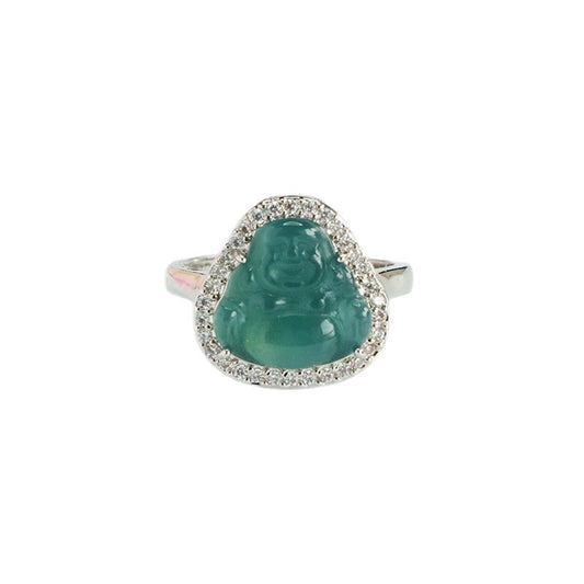 Blue-Water Jadeite Buddha Zircon Ring