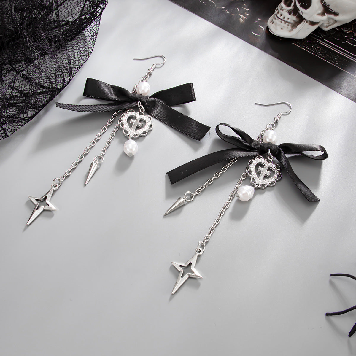 Planderful Vienna Verve Gothic Heart Pendant Earrings Long Fringed Bow Statement For Elegant Women
