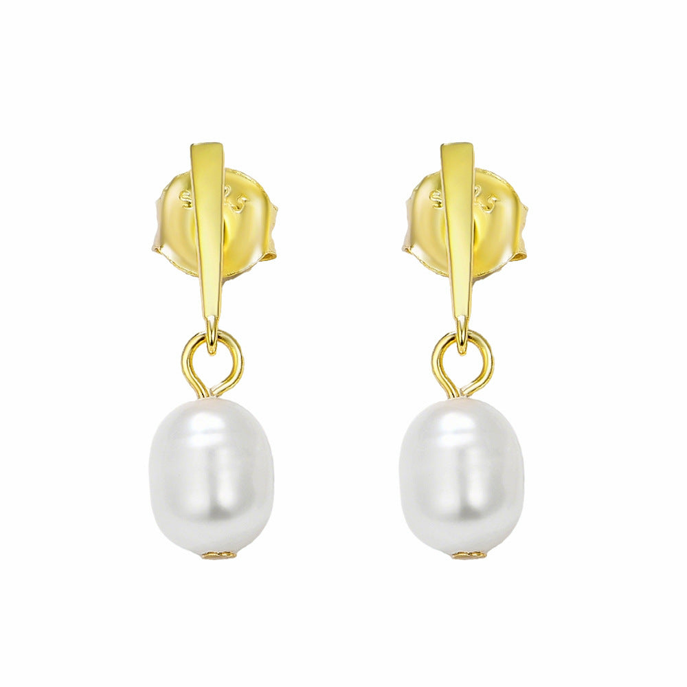S925 Sterling Silver Freshwater Pearl Stud Earrings Femininity Cold Wind Geometric Pearl Earrings