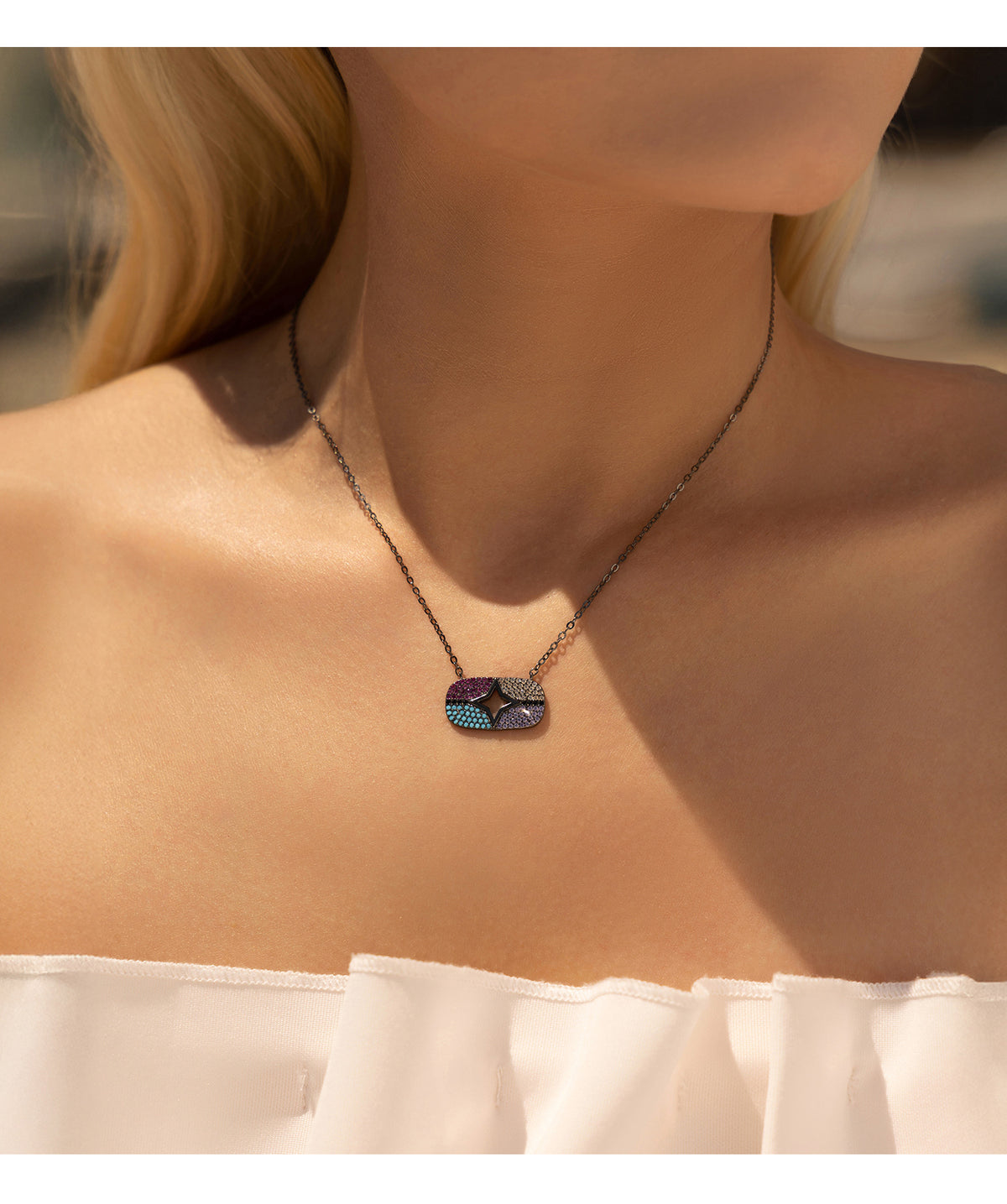 925 Sterling Silver Turquoise Two-Tone Zircon Necklace